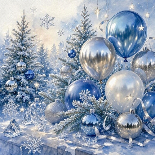 Blue Christmas Balloons Snow Forest Watercolor
