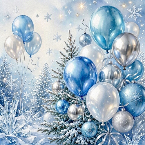 Blue Christmas Balloons Snow Forest Watercolor