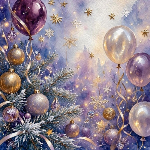 Purple Christmas Balloons Gold Snow Watercolor