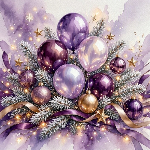 Purple Christmas Balloons Gold Snow Watercolor