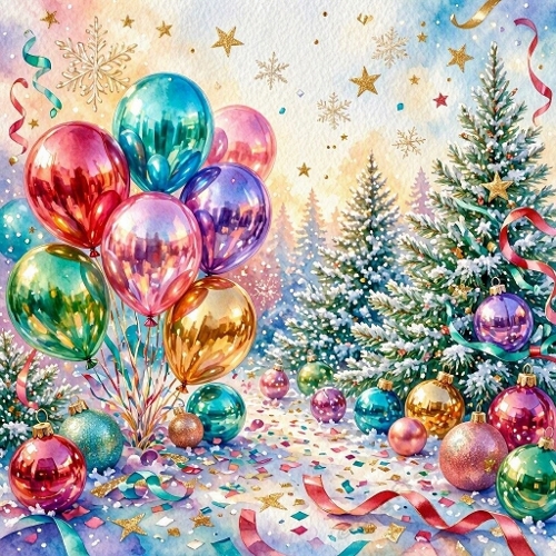 Colorful Winter Celebration Scene – Festive balloons and snowy trees