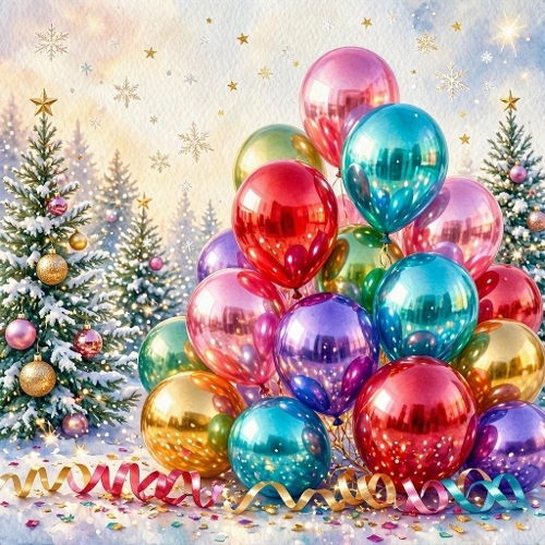 Colorful Metallic Winter Balloons – Festive snowy holiday scene