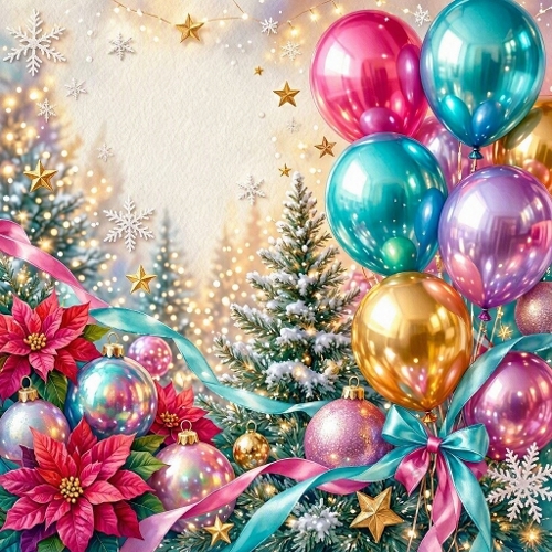 Festive Christmas Trees & Balloons – Colorful holiday scene with poinsettias