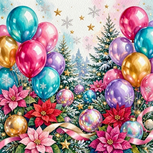 Colorful Christmas Trees & Balloons – Festive winter holiday scene
