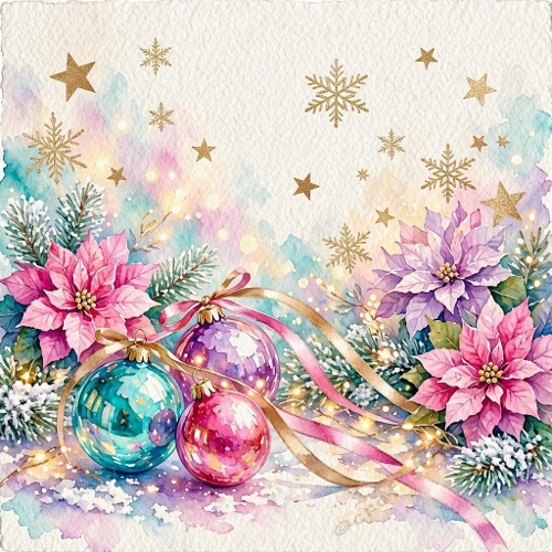 Watercolor Christmas Ornaments & Poinsettias – Elegant festive scene