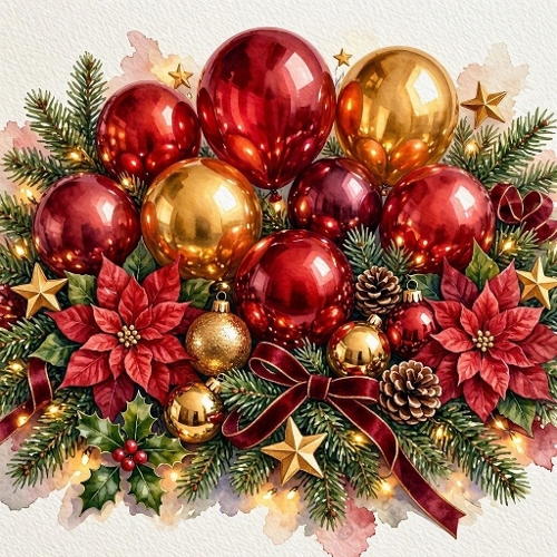 Red & Gold Christmas Arrangement – Festive ornaments and florals