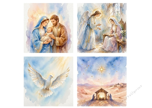 Watercolor Nativity Kit – 4 Aquarelle Christian Scenes (1024×1024 JPEG Set)