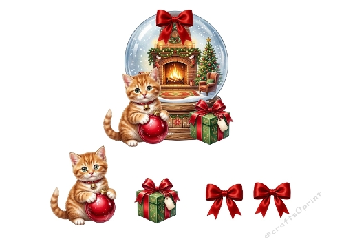 3D Christmas Card – Snow Globe with Kitten, Gift Box & Holiday Bows (JPEG)