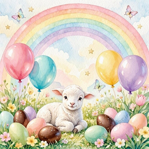 Watercolor Easter Lamb & Rainbow – Cute spring scene with eggs