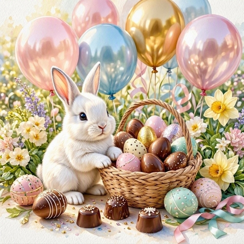 Easter Bunny with Pastel Eggs – Spring basket and balloons