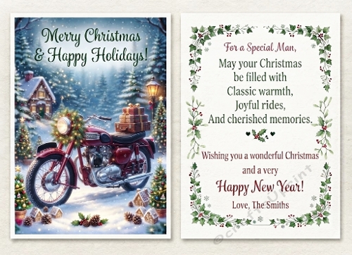 Vintage Christmas Motorcycle Mini Card – Festive snowy scene