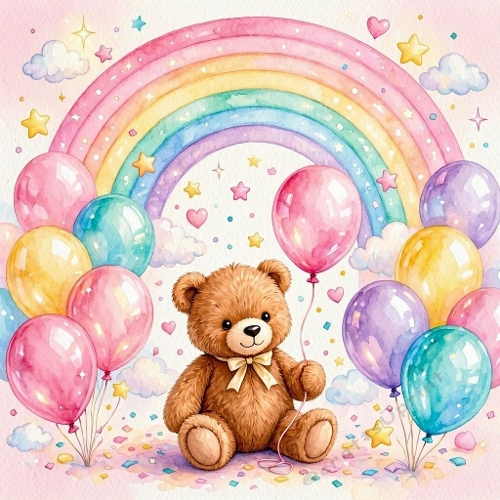 Cute Teddy Bear & Rainbow Mini Card – Pastel balloons & hearts