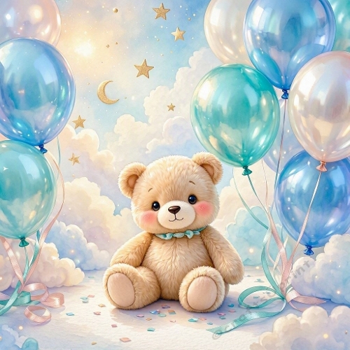 Dreamy Teddy Bear Mini Card – Moon, clouds & pastel balloons