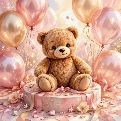 Teddy Bear on Gift Box Mini Card – Pink & gold balloons