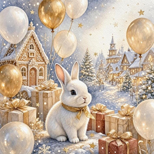 Watercolor Winter Bunny & Gifts – Snowy festive scene