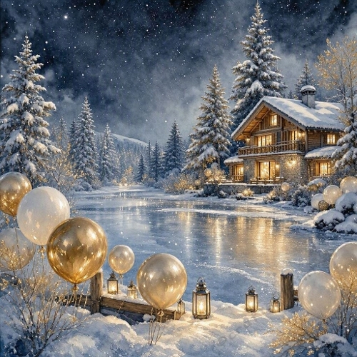 Watercolor Winter Cabin & Balloons – Snowy festive landscape