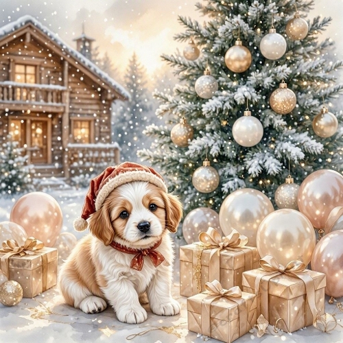Watercolor Christmas Puppy & Tree – Festive snowy scene