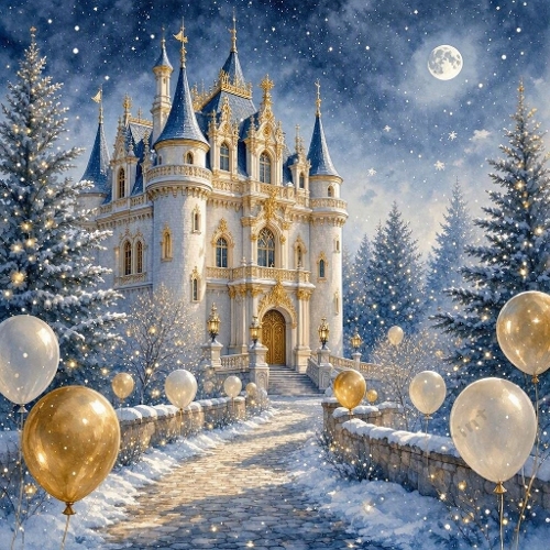 Watercolor Winter Castle & Lantern Path – Magical snowy scene