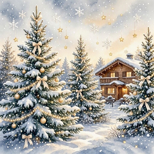 Watercolor Winter Cabin & Golden Trees – Festive snowy scene