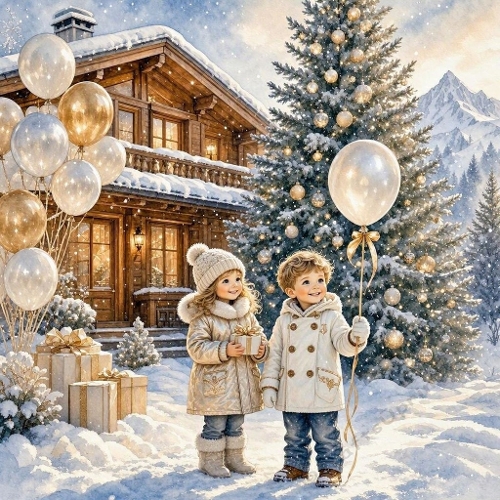 Watercolor Winter Children & Christmas Tree – Festive snowy scene