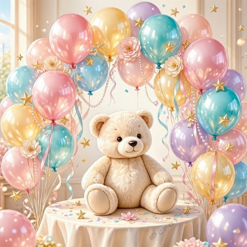 Watercolor Teddy Bear & Pastel Balloon Arch – Soft festive scene