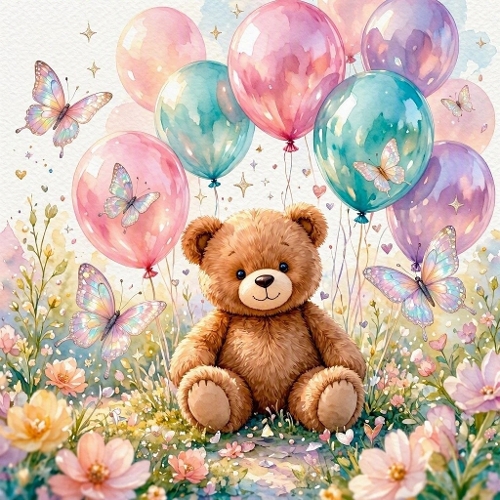 Watercolor Teddy Bear & Pastel Balloons – Floral butterfly scene