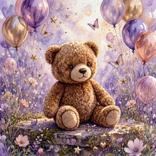 Watercolor Teddy Bear & Magical Pastel Scene – Flowers & butterflies
