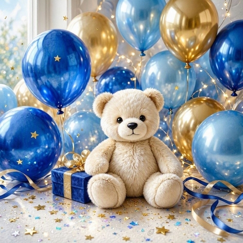 Watercolor Teddy Bear & Blue‑Gold Balloons – Festive gift scene