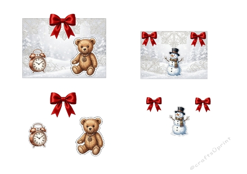 Mini 3D Christmas Card Kit – Teddy Bear & Snowman on Snowy Background (Single JPEG File)