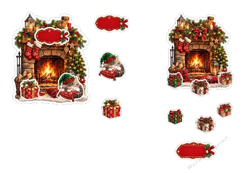 Mini 3D Christmas Card Kit – Cozy Fireplace Scenes with Sleeping Cat & Holiday Labels (Single JPEG File)