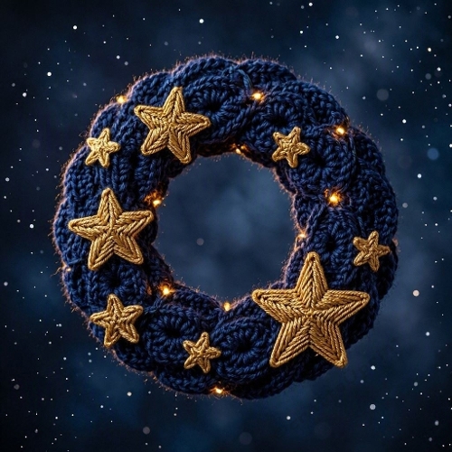 Knitted Starry Wreath – Cozy Winter Aquarelle with Golden Stars (1024×1024 JPEG)