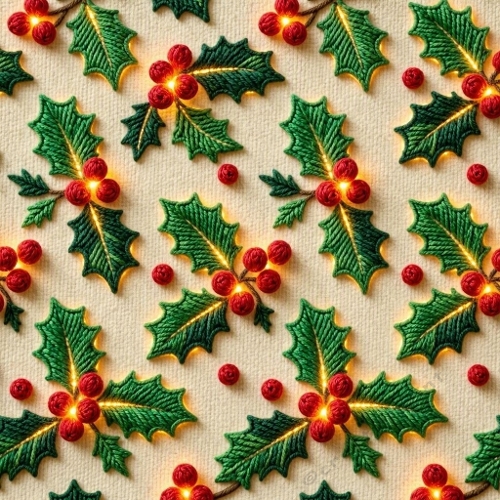 Embroidered Holly Pattern – Festive Christmas Stitch Design (1024×1024 JPEG)