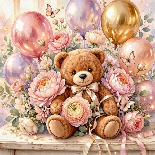 Watercolor Teddy Bear & Pastel Flowers – Balloons & butterflies
