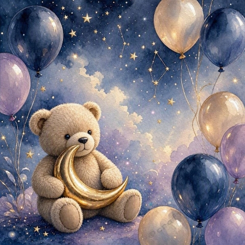 Watercolor Teddy Bear & Crescent Moon – Starry pastel scene