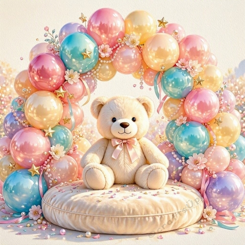 Watercolor Teddy Bear & Pastel Balloon Arch – Soft festive décor
