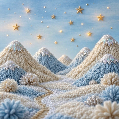 Watercolor Yarn Mountains & Starry Sky – Soft textile landscape