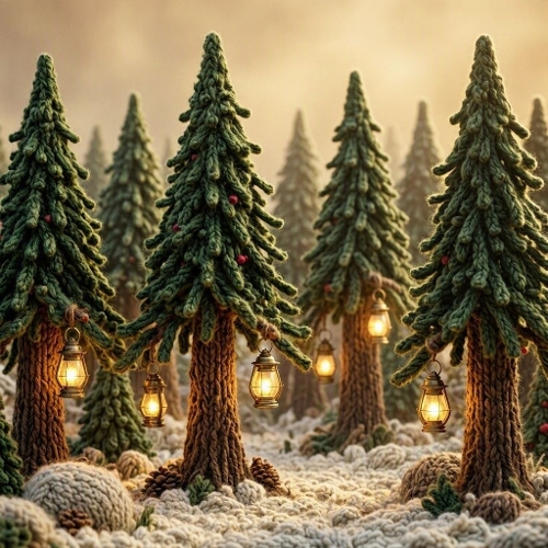 Watercolor Yarn Forest & Lantern Glow – Cozy textile scene