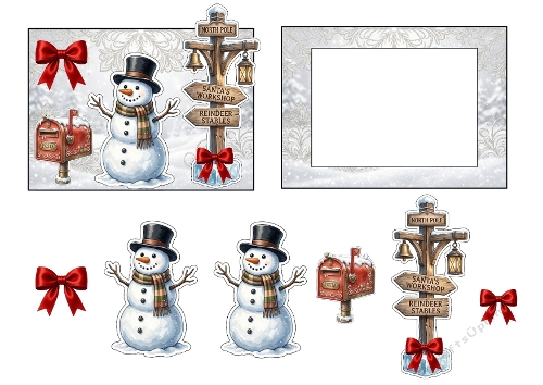 3D Christmas Card – Snowmen, Holiday Mailboxes & North Pole Signpost (JPEG)