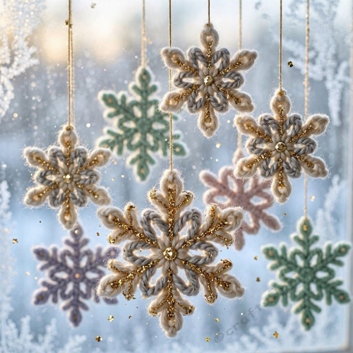 Hanging Crochet Snowflakes – Cozy Winter Aquarelle with Gold Accents (1024×1024 JPEG)