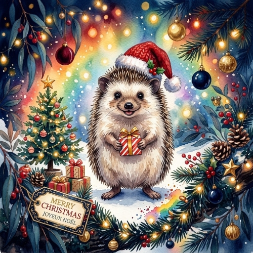 Christmas Hedgehog – Festive Snow Scene & Rainbow Glow