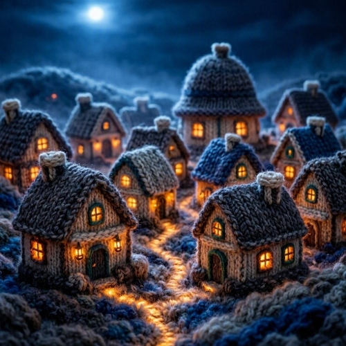 Wool Knitted Village – Moonlit Yarn Hills & Glowing Windows