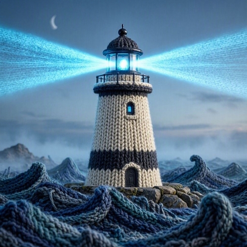 Wool Eerie Lighthouse – Neon‑Blue Beams & Knitted Waves