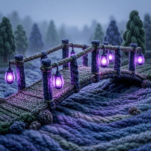 Wool Enchanted Bridge – Purple Lanterns & Knitted River Glow
