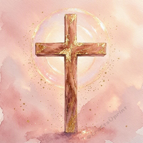 Watercolor Cross with Gold Accents – Spiritual Faith Aquarelle (1024×1024 JPEG)