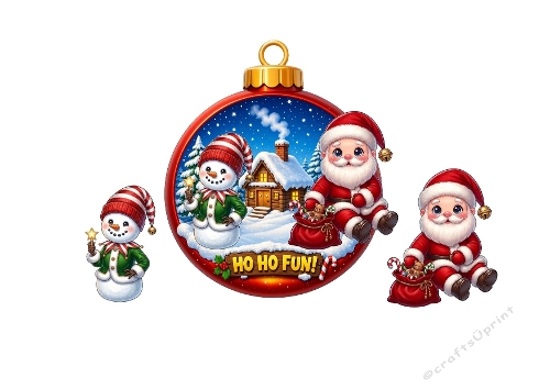 3D Christmas Card – Snowman & Santa in Red Ornament Winter Scene (JPEG)