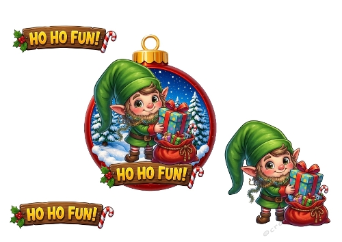 3D Christmas Card – Playful Elf & Snowy Ornament Scene (JPEG)