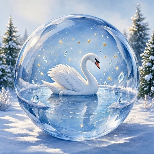 Winter Swan in Glass Sphere – Magical Snowy Aquarelle (1024×1024 JPEG)