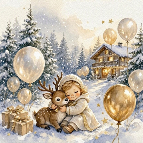 Girl and Reindeer Winter Balloons Craft Paper