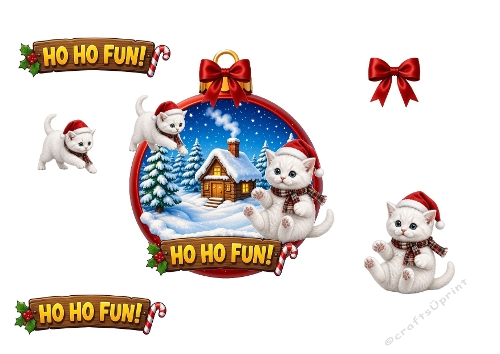 3D Christmas Card – Christmas Kittens & Snowy Ornament Cabin Scene (JPEG)