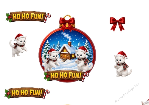 3D Christmas Card – Christmas Kittens & Snowy Ornament Cabin Scene (JPEG)
